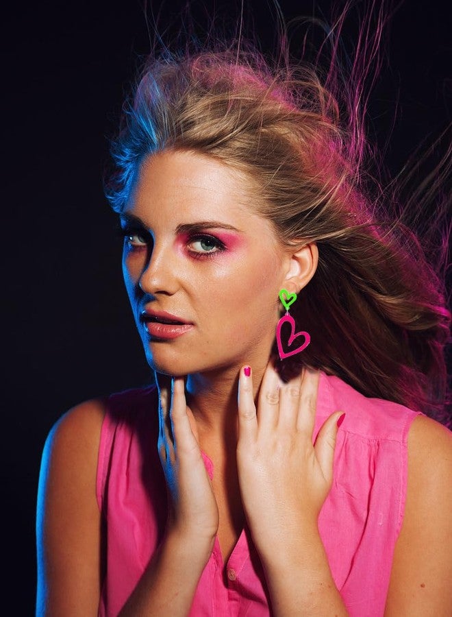 Modpide 80s Neon Clip on Earrings for Women Double Hollow Heart Punk Retro Earrings 80s Outfit Accessories (Rose Red) - Image 2